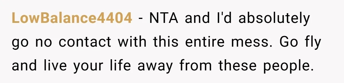 LowBalance4404 − NTA and I'd absolutely go no contact with this entire mess. Go fly and live your life away from these people.