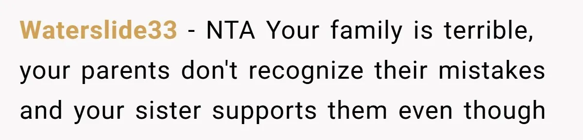 Waterslide33 − NTA Your family is terrible, your parents don't recognize their mistakes and your sister supports them even though