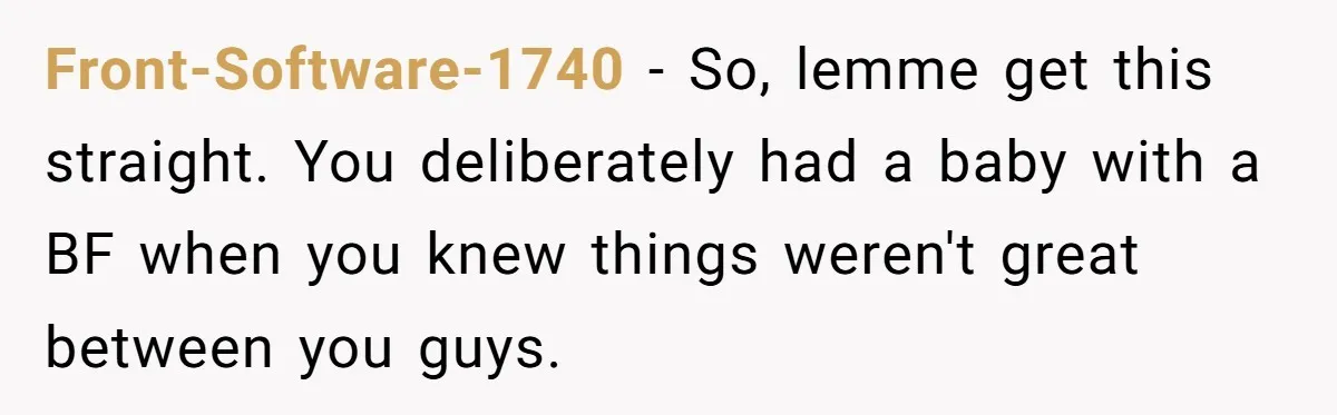 Young Mother Calls Out Her Mom For Abandoning Her During Intense Labor Contractions Front-Software-1740 − So, lemme get this straight. You deliberately had a baby with a BF when you knew things weren't great between you guys.