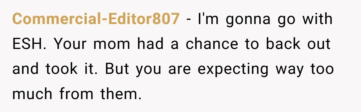 Young Mother Calls Out Her Mom For Abandoning Her During Intense Labor Contractions Commercial-Editor807 − I'm gonna go with ESH. Your mom had a chance to back out and took it. But you are expecting way too much from them.