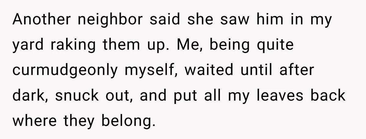 Grumpy Neighbor Sneaks Into Yard To Rake Leaves But Homeowner Strikes Back With Midnight Revenge Move Another neighbor said she saw him in my yard raking them up. Me, being quite curmudgeonly myself, waited until after dark, snuck out, and put all my leaves back where...