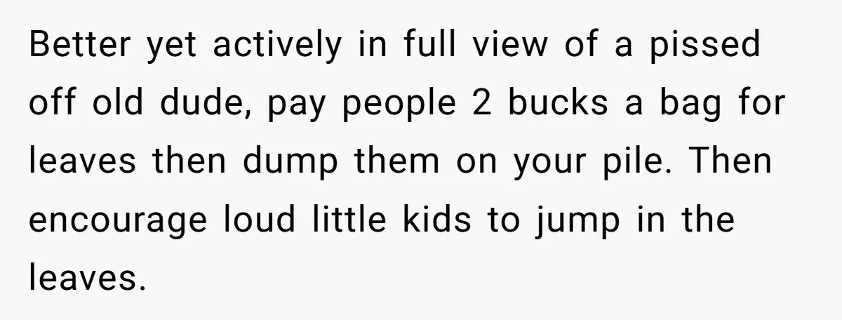 Grumpy Neighbor Sneaks Into Yard To Rake Leaves But Homeowner Strikes Back With Midnight Revenge Move Better yet actively in full view of a pissed off old dude, pay people 2 bucks a bag for leaves then dump them on your pile. Then encourage loud little...