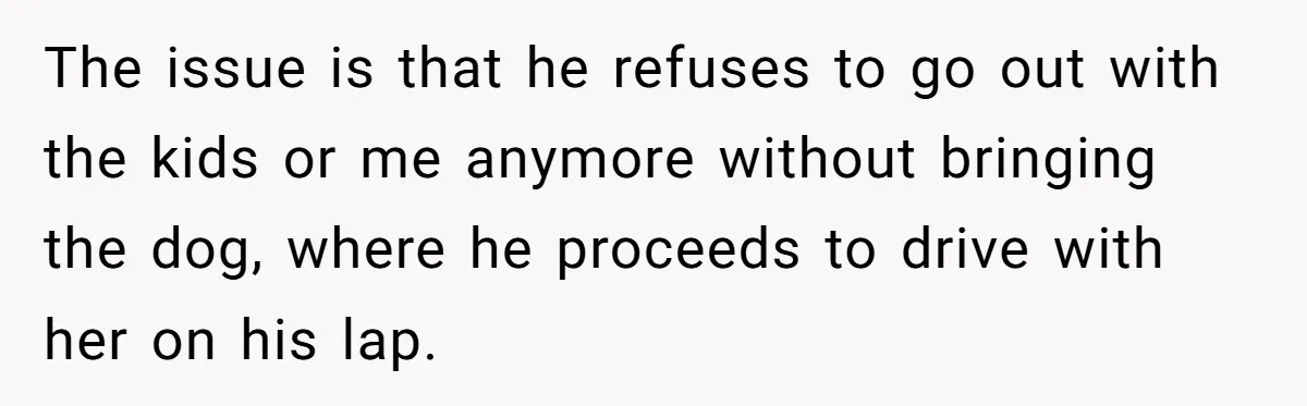 The issue is that he refuses to go out with the kids or me anymore without bringing the dog, where he proceeds to drive with her on his lap.