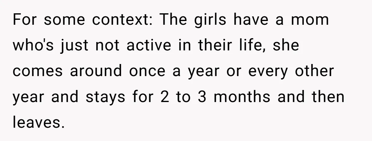 For some context: The girls have a mom who's just not active in their life, she comes around once a year or every other year and stays for 2 to...