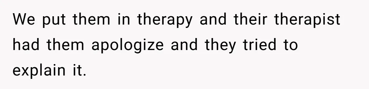 We put them in therapy and their therapist had them apologize and they tried to explain it.