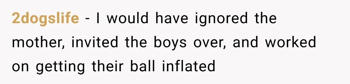 2dogslife − I would have ignored the mother, invited the boys over, and worked on getting their ball inflated