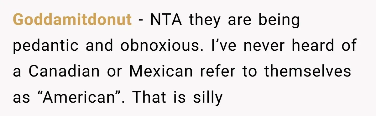 Goddamitdonut − NTA they are being pedantic and obnoxious. I’ve never heard of a Canadian or Mexican refer to themselves as “American”. That is silly