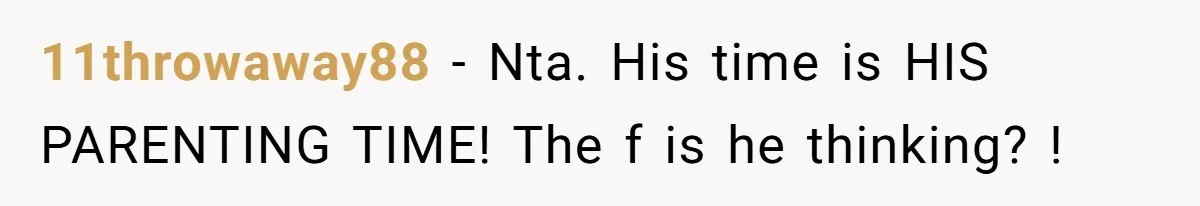 11throwaway88 − Nta. His time is HIS PARENTING TIME! The f is he thinking? !