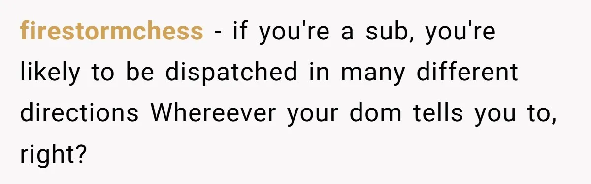 Boss Learns the Hard Way After Banning Employee from Answering Phone on the Train firestormchess − if you're a sub, you're likely to be dispatched in many different directions Whereever your dom tells you to, right?