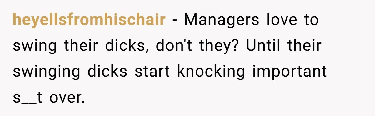 Boss Learns the Hard Way After Banning Employee from Answering Phone on the Train heyellsfromhischair − Managers love to swing their dicks, don't they? Until their swinging dicks start knocking important s__t over.