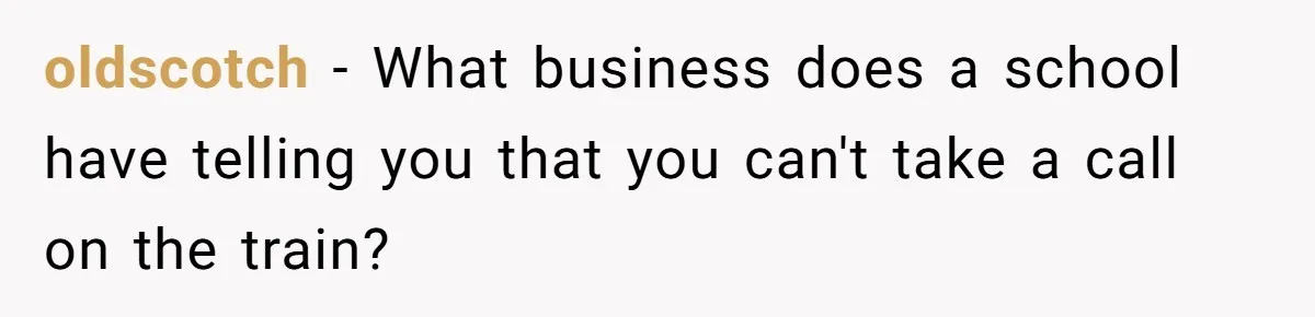 Boss Learns the Hard Way After Banning Employee from Answering Phone on the Train oldscotch − What business does a school have telling you that you can't take a call on the train?