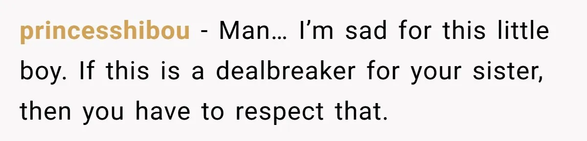 A Surprise Six-Year-Old Son Leads to a Heartbreaking Divorce for a Once-Happy Couple princesshibou − Man… I’m sad for this little boy. If this is a dealbreaker for your sister, then you have to respect that.