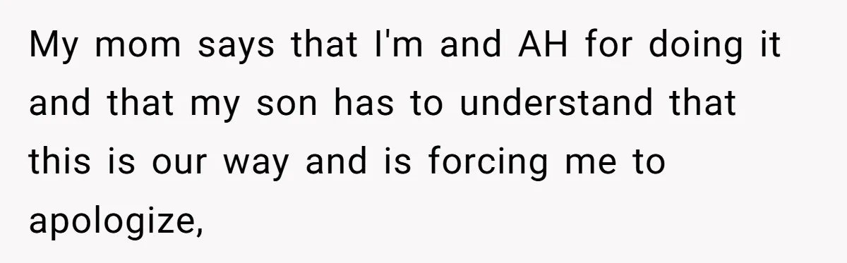 My mom says that I'm and AH for doing it and that my son has to understand that this is our way and is forcing me to apologize,