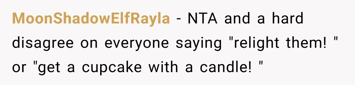 MoonShadowElfRayla − NTA and a hard disagree on everyone saying "relight them! " or "get a cupcake with a candle! "