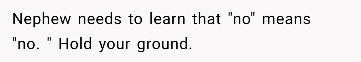 Nephew needs to learn that "no" means "no. " Hold your ground.