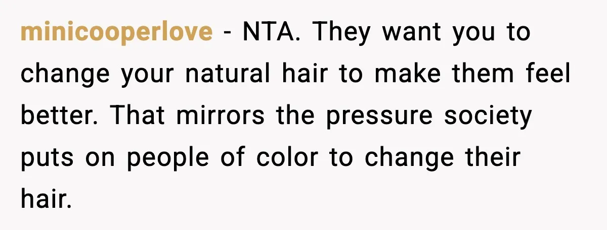 minicooperlove - NTA. They want you to change your natural hair to make them feel better. That mirrors the pressure society puts on people of color to change their hair.