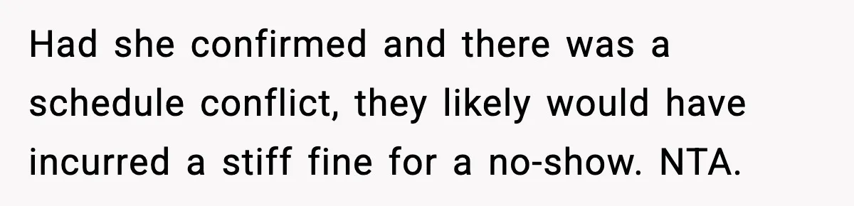 Had she confirmed and there was a schedule conflict, they likely would have incurred a stiff fine for a no-show. NTA.