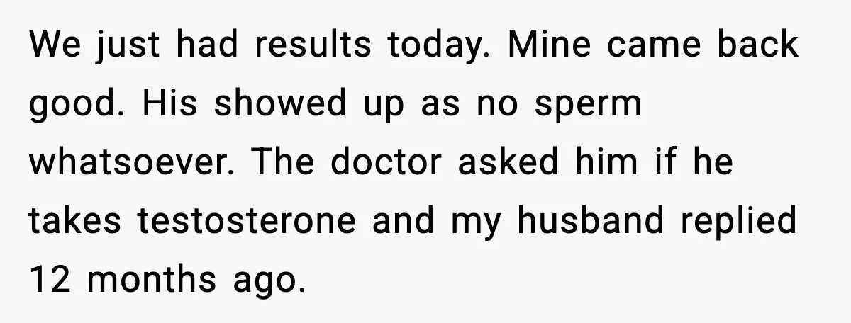 We just had results today. Mine came back good. His showed up as no sperm whatsoever. The doctor asked him if he takes testosterone and my husband replied 12 months...