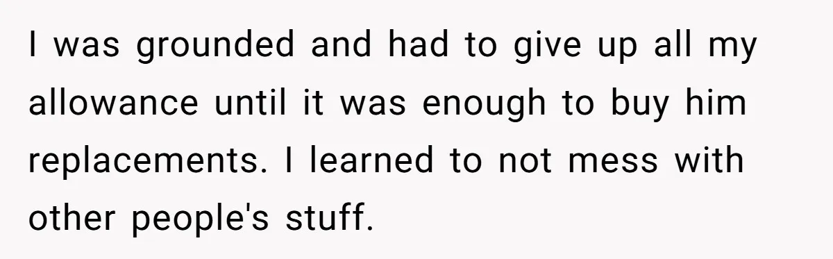 I was grounded and had to give up all my allowance until it was enough to buy him replacements. I learned to not mess with other people's stuff.