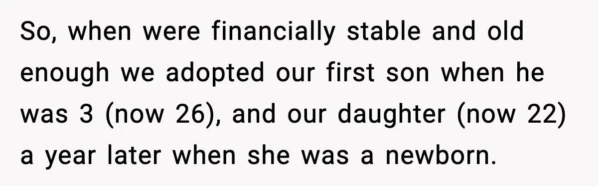 Parents Hid Their Biological Child for Years to Protect Their Adopted Kids So, when were financially stable and old enough we adopted our first son when he was 3 (now 26), and our daughter (now 22) a year later when she was...