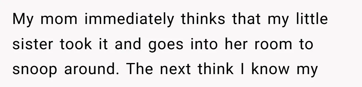My mom immediately thinks that my little sister took it and goes into her room to snoop around. The next think I know my