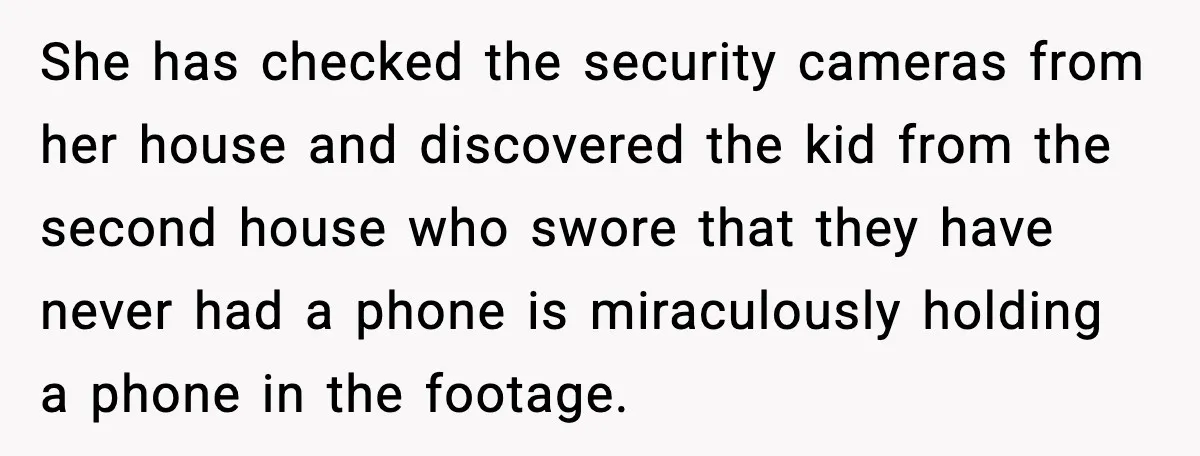 She has checked the security cameras from her house and discovered the kid from the second house who swore that they have never had a phone is miraculously holding a...