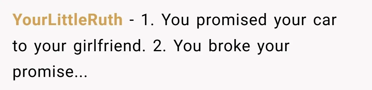 Girlfriend Reaches Her Breaking Point After Boyfriend Gives Away Promised Car YourLittleRuth − 1. You promised your car to your girlfriend. 2. You broke your promise...