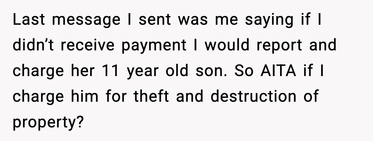 Last message I sent was me saying if I didn’t receive payment I would report and charge her 11 year old son. So AITA if I charge him for theft...