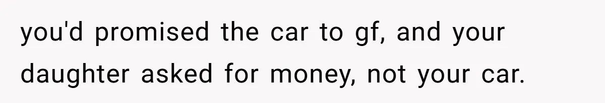Girlfriend Reaches Her Breaking Point After Boyfriend Gives Away Promised Car you'd promised the car to gf, and your daughter asked for money, not your car.
