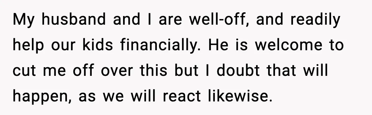 My husband and I are well-off, and readily help our kids financially. He is welcome to cut me off over this but I doubt that will happen, as we will...
