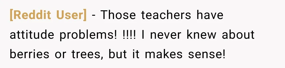 [Reddit User] − Those teachers have attitude problems! !!!! I never knew about berries or trees, but it makes sense!