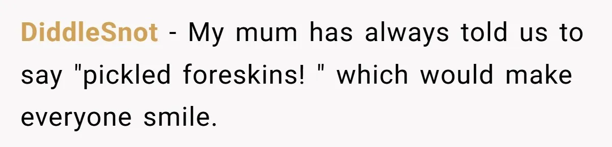 DiddleSnot − My mum has always told us to say "pickled foreskins! " which would make everyone smile.