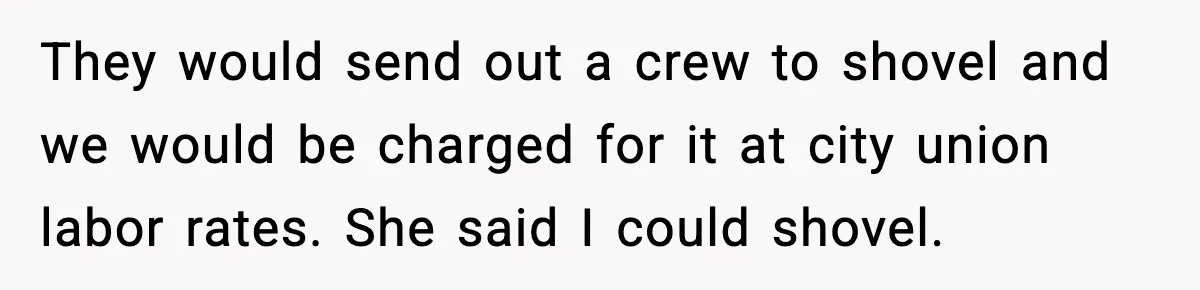 They would send out a crew to shovel and we would be charged for it at city union labor rates. She said I could shovel.
