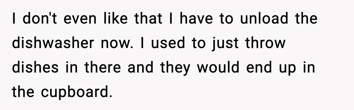 I don't even like that I have to unload the dishwasher now. I used to just throw dishes in there and they would end up in the cupboard.
