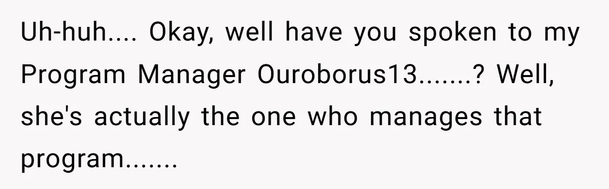 This Rockstar Boss Refused to Help an Executive Until He Apologized to His Female Manager Uh-huh.... Okay, well have you spoken to my Program Manager Ouroborus13.......? Well, she's actually the one who manages that program.......