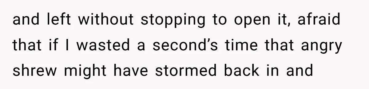and left without stopping to open it, afraid that if I wasted a second’s time that angry shrew might have stormed back in and