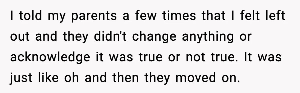 I told my parents a few times that I felt left out and they didn't change anything or acknowledge it was true or not true. It was just like oh...