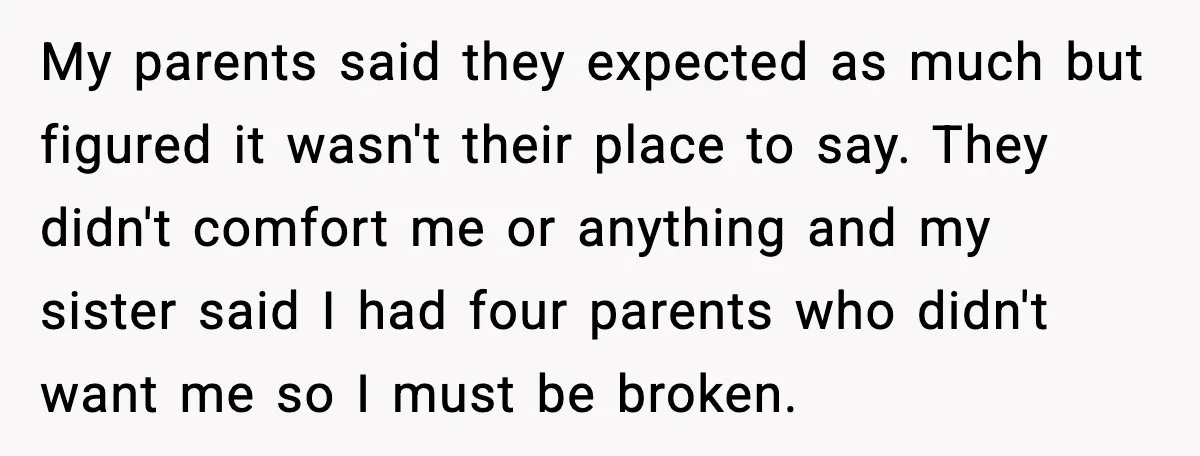 My parents said they expected as much but figured it wasn't their place to say. They didn't comfort me or anything and my sister said I had four parents who...
