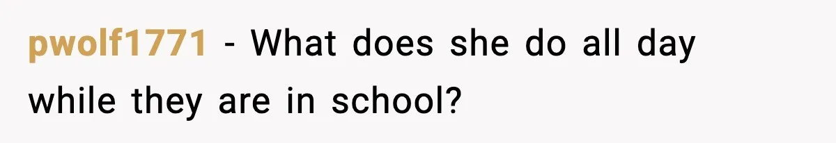 pwolf1771 - What does she do all day while they are in school?