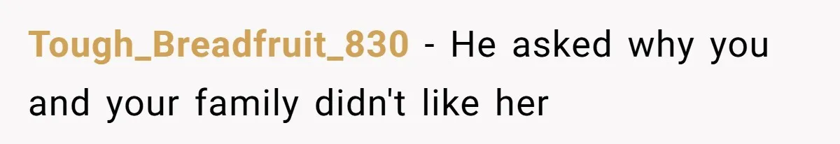 Tough_Breadfruit_830 − He asked why you and your family didn't like her