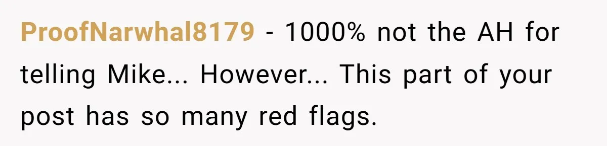 ProofNarwhal8179 − 1000% not the AH for telling Mike... However... This part of your post has so many red flags.