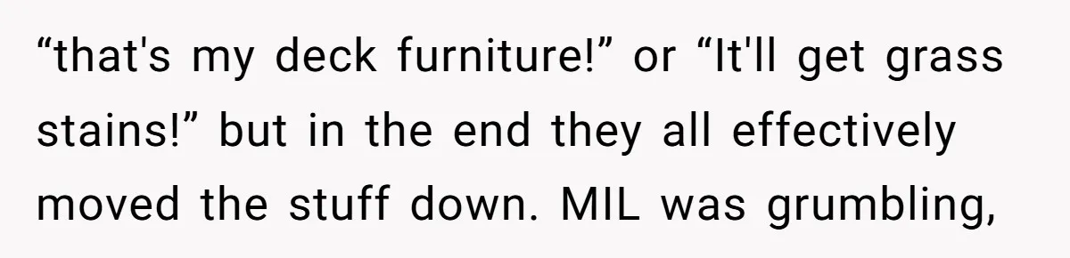Woman in a Wheelchair Exposes Her MIL’s Secret Strategy to “Prove” She Can Walk “that's my deck furniture!” or “It'll get grass stains!” but in the end they all effectively moved the stuff down. MIL was grumbling,