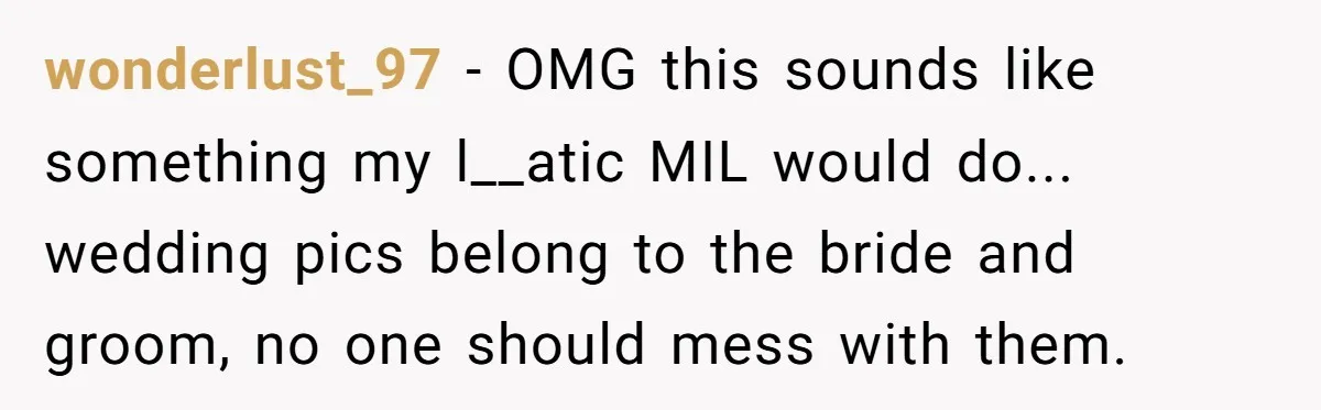 wonderlust_97 − OMG this sounds like something my l__atic MIL would do... wedding pics belong to the bride and groom, no one should mess with them.