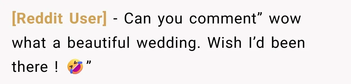 [Reddit User] − Can you comment” wow what a beautiful wedding. Wish I’d been there ! 🤣”