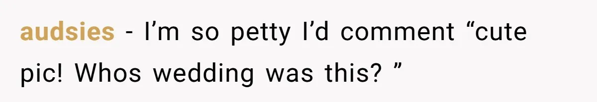 audsies − I’m so petty I’d comment “cute pic! Whos wedding was this? ”