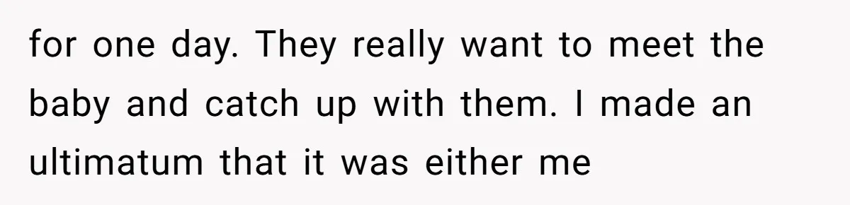 The Truth Comes Out After a Man Tries to Ban His Ex from a Family Gathering for one day. They really want to meet the baby and catch up with them. I made an ultimatum that it was either me