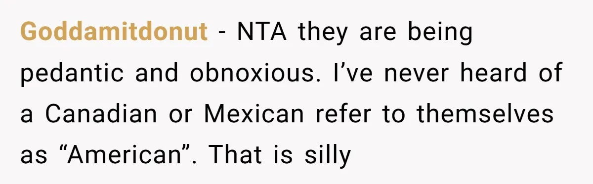 Goddamitdonut − NTA they are being pedantic and obnoxious. I’ve never heard of a Canadian or Mexican refer to themselves as “American”. That is silly