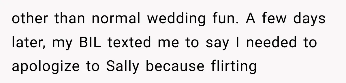 other than normal wedding fun. A few days later, my BIL texted me to say I needed to apologize to Sally because flirting