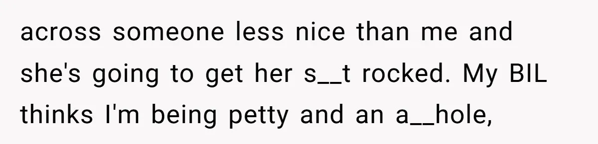 across someone less nice than me and she's going to get her s__t rocked. My BIL thinks I'm being petty and an a__hole,