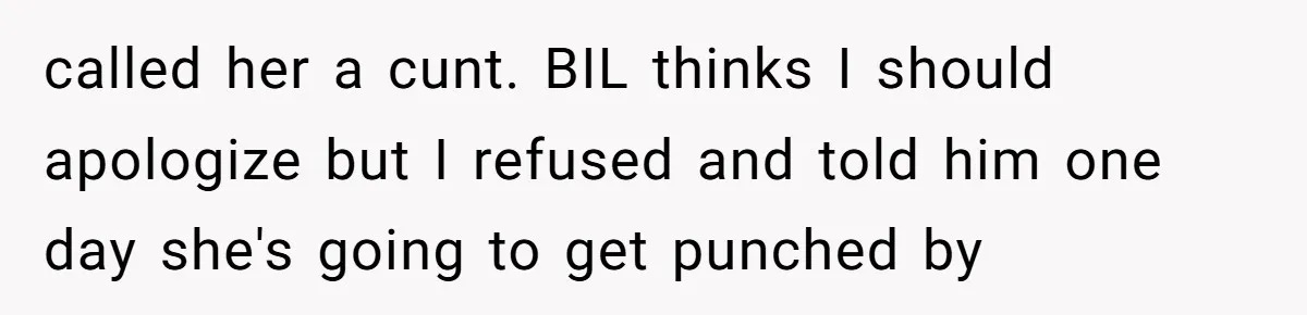 called her a cunt. BIL thinks I should apologize but I refused and told him one day she's going to get punched by